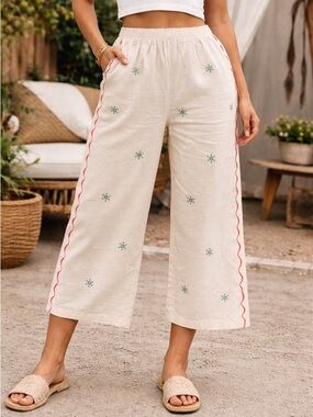 Petal + Pup by MABLE Embroidered Cream Wide-Leg Pants with Orange Trim Medium